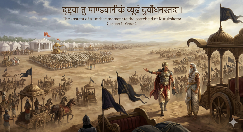 दुर्योधन द्वारा पांडवों की सेना का निरीक्षण और द्रोणाचार्य से संवाद - भगवद्गीता अध्याय 1 श्लोक 2