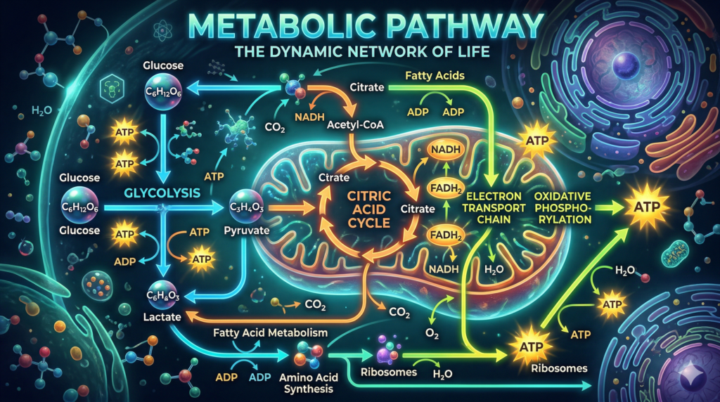 A detailed infographic showing metabolic pathways (Glycolysis, Krebs Cycle) styled as a glowing industrial network within a cell.