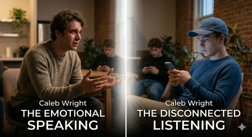 “Two people talking, one speaking emotionally and the other distracted, symbolic disconnect”