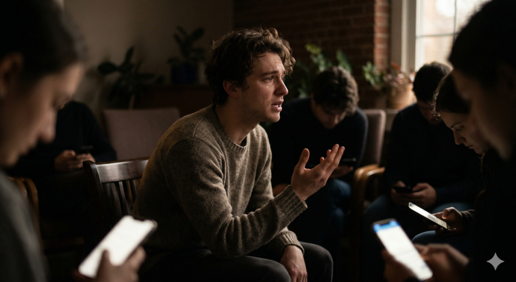 A candid, photojournalism-style photograph captured in soft, emotional, warm low-light, focusing tightly on the profile and pained expression of a young man with curly brown hair. He is sitting slightly off-center on a worn, dark wooden chair, leaning forward, with his right hand raised and open, mouth slightly open as if speaking with urgency.