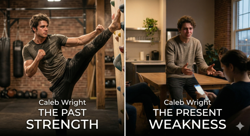 “Same person shown as strong in past and weak in present, split image concept”

Gemini said