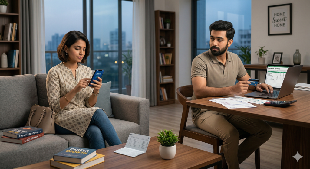 A modern Indian couple in their home, symbolizing individual finances within a joint marriage. The wife is using her phone near career growth books, while the husband manages household expenses on a laptop.