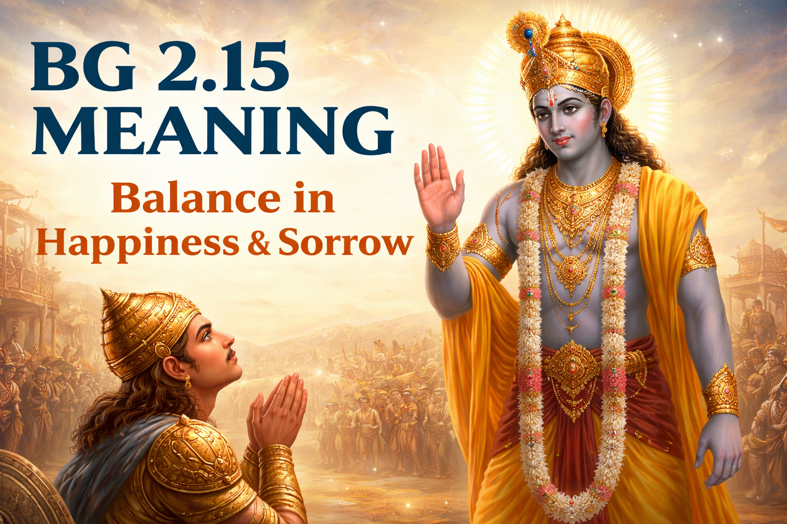BG 2.15 Meaning featured image showing Lord Krishna teaching Arjuna on Kurukshetra battlefield about balance in happiness and sorrow from Bhagavad Gita Verse 2.15