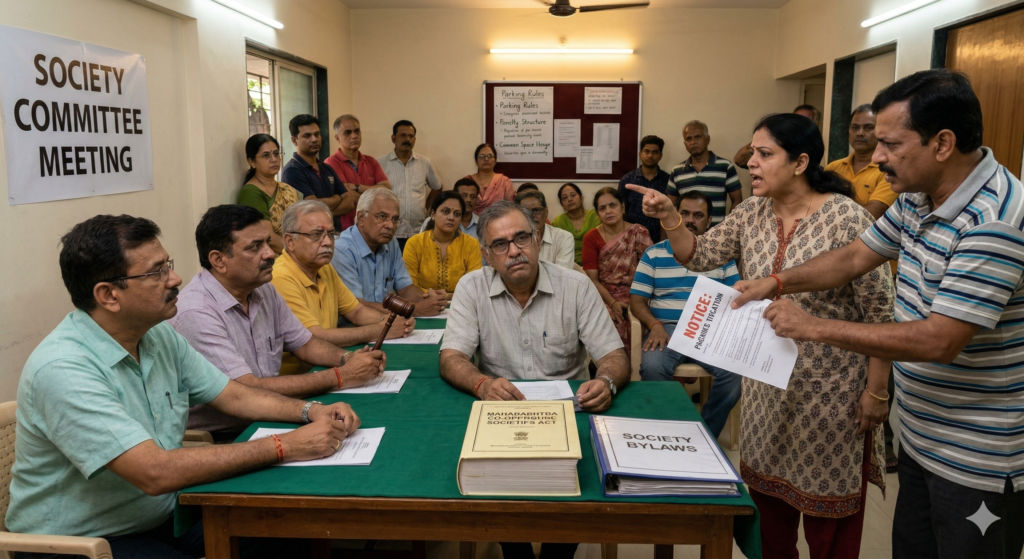 A stressed housing society management committee chairperson holding a copy of 'Bylaws' during a tense meeting where a resident is aggressively arguing.