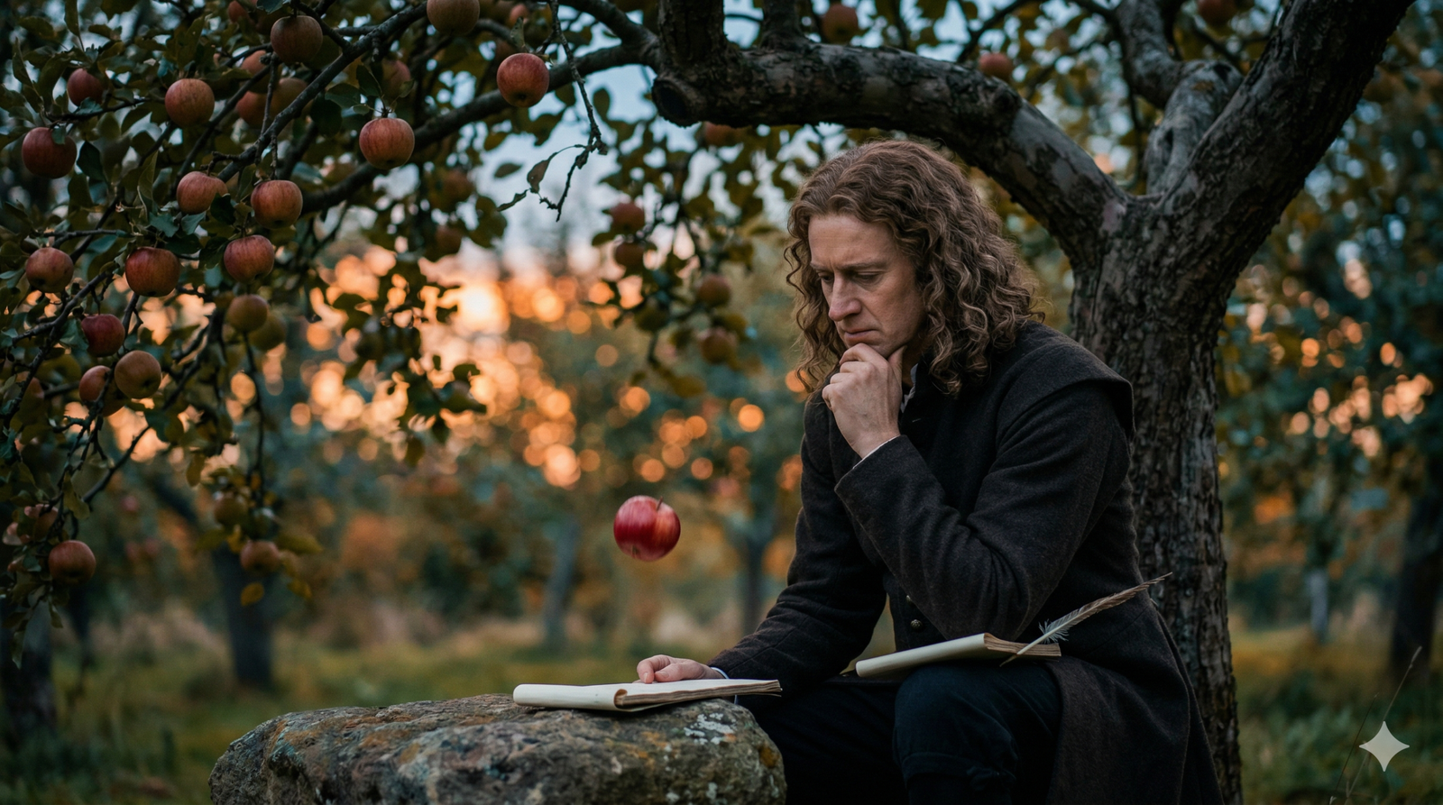 Sir Isaac Newton analyzing the falling apple, symbolizing the start of Critical Analysis.