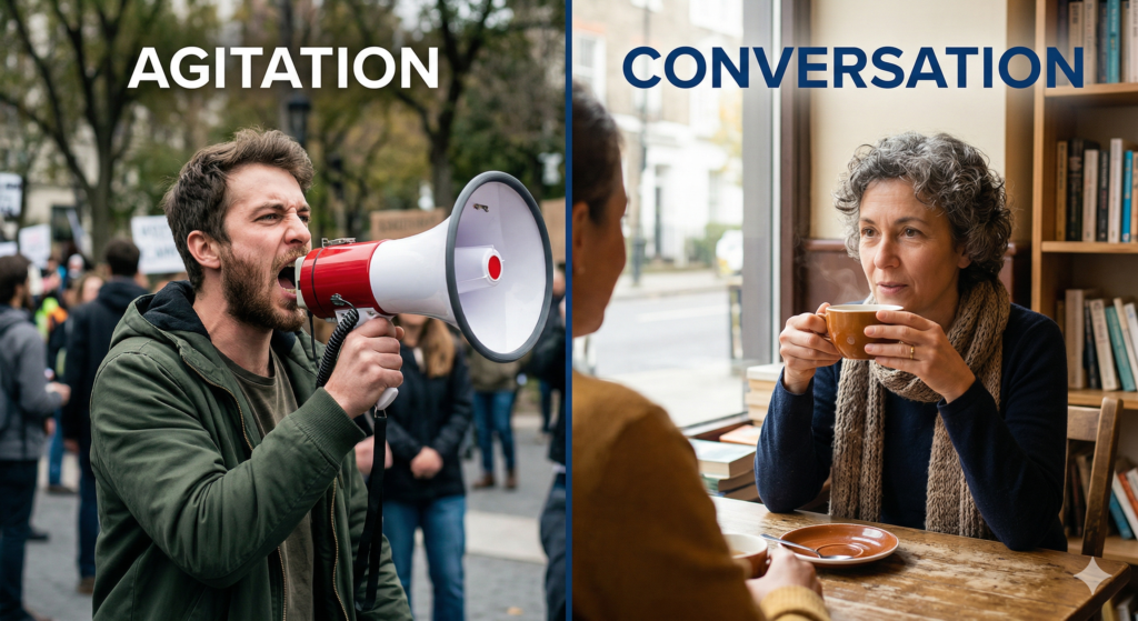 Comparison between aggressive shouting and calm, constructive dialogue.