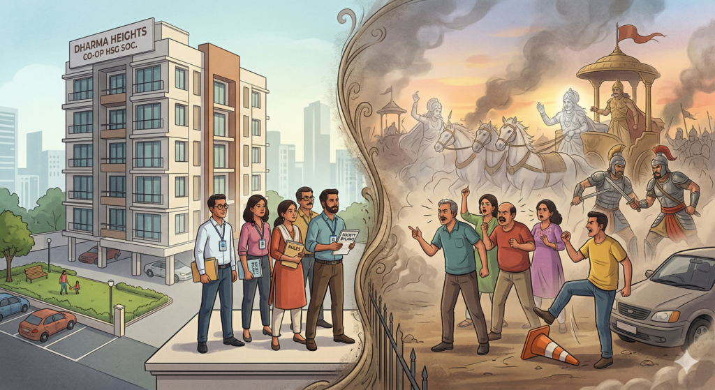 Modern housing society building (Dharma Heights) with a conceptual Mahabharata Kurukshetra battlefield overlay, symbolizing committee struggles.