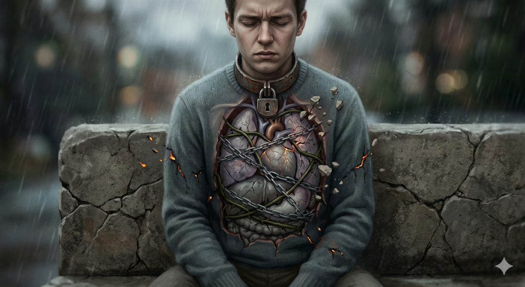 Symbolic representation of how emotional suppression causes internal damage and eventual breaking.