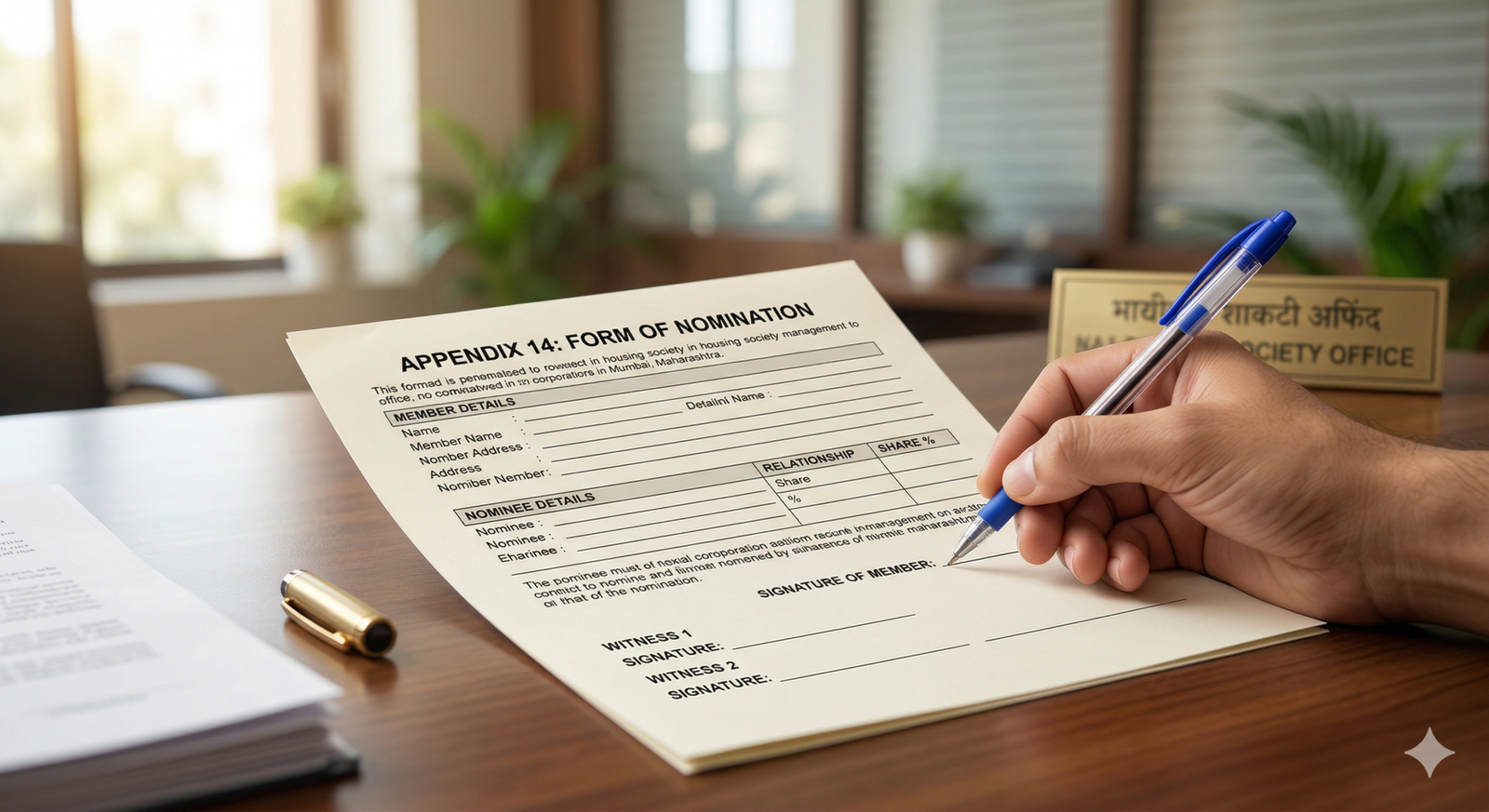 a hand filling out the official "Appendix 14: Form of Nomination" within a professional office setting, complete with specific contextual details like the "Society Office" nameplate.