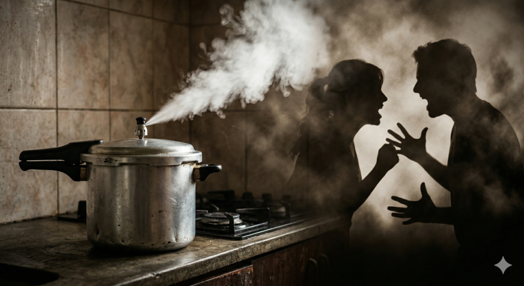 Conceptual image representing emotional pressure buildup and the "pressure cooker" effect in human communication.