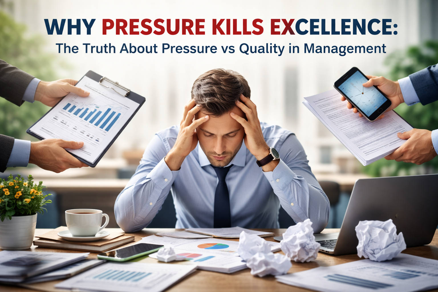 “Stressed office worker overwhelmed by workload and deadlines, symbolizing how pressure reduces quality and excellence in management.”