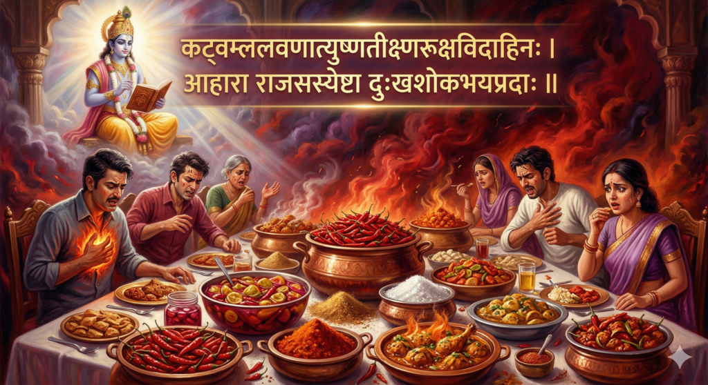 श्रीमद्भगवद गीता श्लोक 17.9 के अनुसार राजसी भोजन के जलन और अशांति वाले प्रभाव का आध्यात्मिक चित्रण।