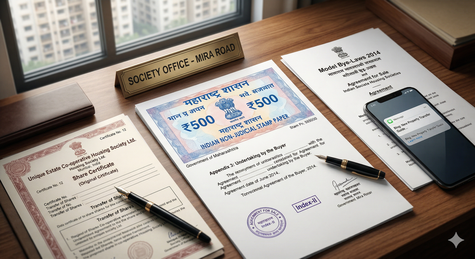 Legal documents for property transfer in a Maharashtra Housing Society, featuring a ₹500 stamp paper, Share Certificate, and MCS Act reference books.