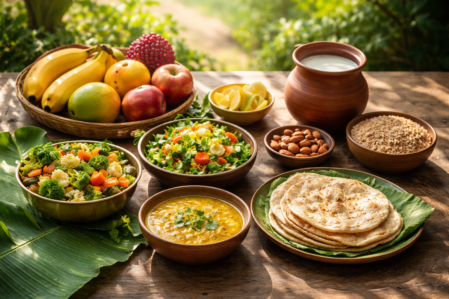“Healthy Satvik Aahaar food with fruits, dal, roti, salad, nuts, and milk – natural vegetarian Indian diet in a peaceful setting.”