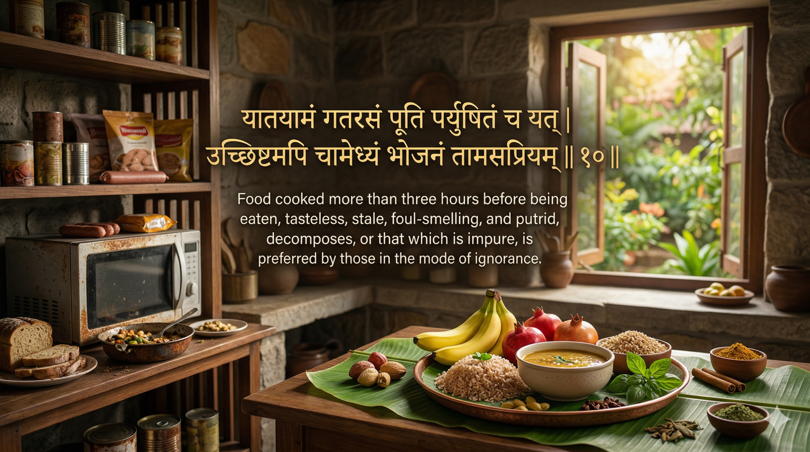 A reflective image contrasting stale, processed food symbols (canned goods, microwave, leftovers) with fresh, vibrant fruits and grains, illustrating Bhagavad Gita Chapter 17 Verse 10 regarding Tamasic diet, featuring embedded Sanskrit and English text.