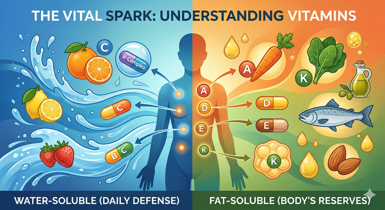 A vibrant, split-panel illustration titled "THE VITAL SPARK: UNDERSTANDING VITAMINS," comparing water-soluble and fat-soluble vitamins. The left side (blue) shows water splashes, citrus fruits, and berries representing Vitamins B and C, with the text "WATER-SOLUBLE (DAILY DEFENSE)". The right side (orange) displays a carrot, spinach, fish, almonds, and oil representando Vitamins A, D, E, and K, with the text "FAT-SOLUBLE (BODY'S RESERVES)". A human silhouette is centered between the two panels.