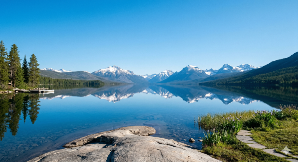 A serene lake reflecting a clear sky, symbolizing mental peace and clear communication.
