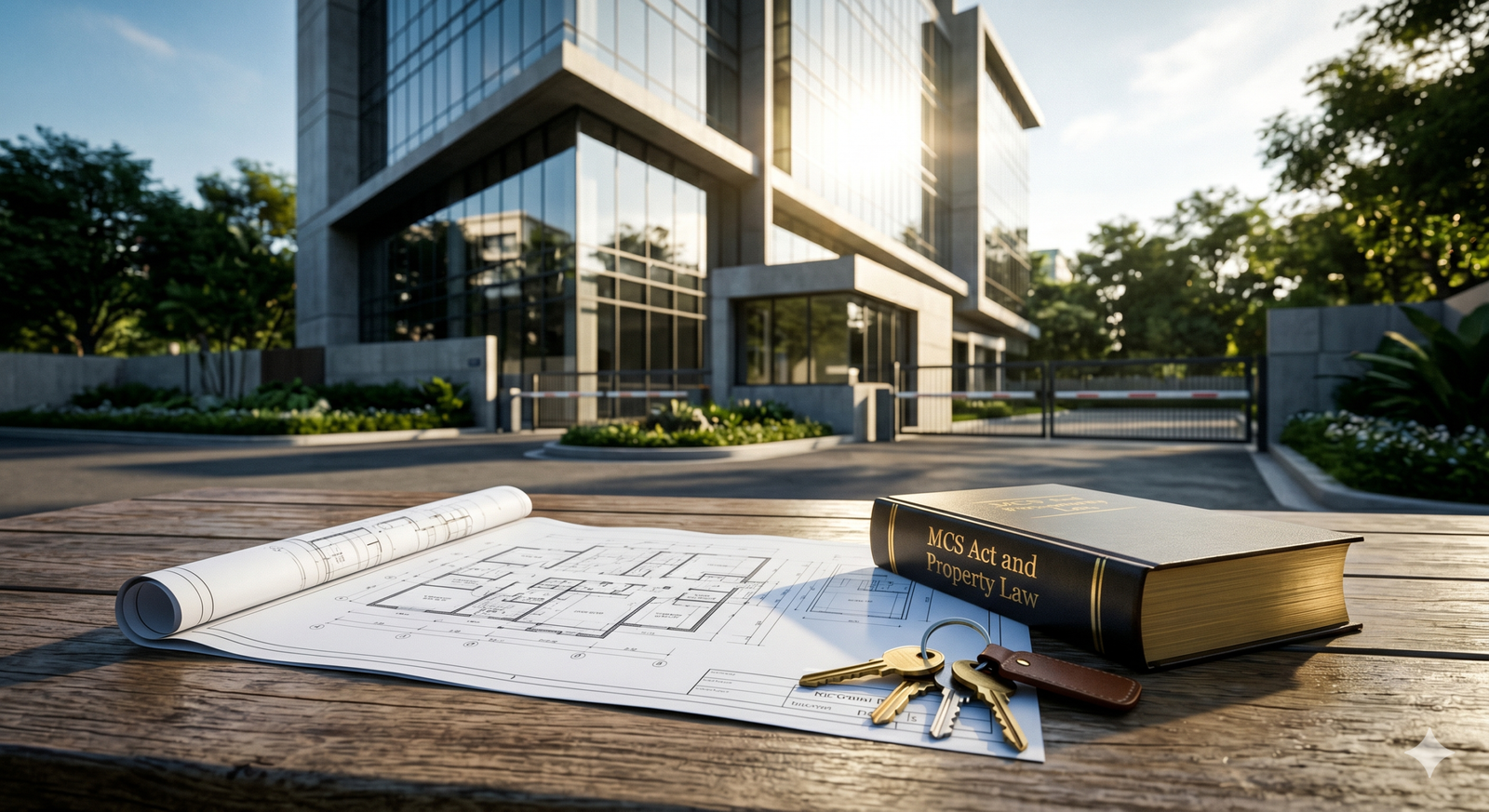 "Professional documents and keys symbolizing the taking over of society from builder"