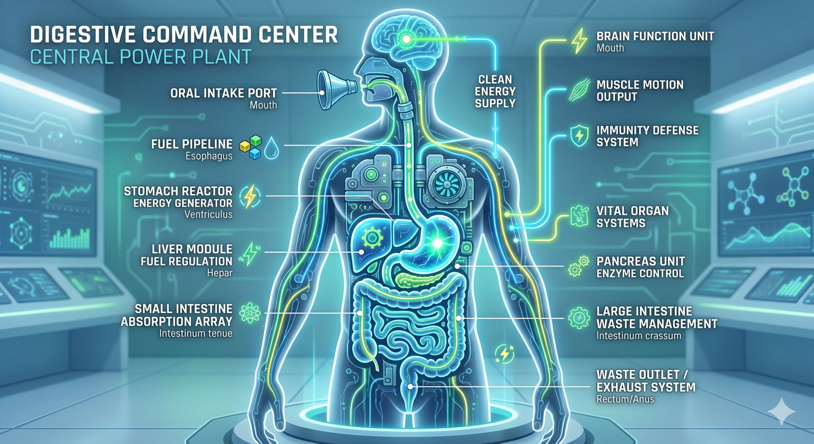 Infographic explaining gut health core pillars and digestive system command center.