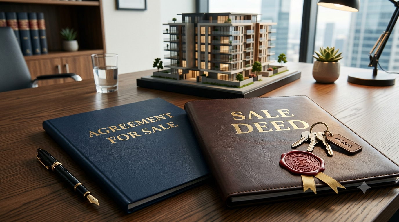 Agreement for Sale vs Sale Deed documents side by side with house keys on a wooden table